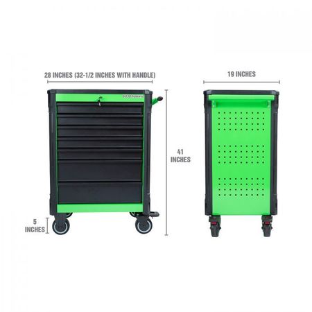 OEMTOOLS Tool Cart with Molded Work Top, 7 Drawer, Black/Green, 28 in W x 19 in D x 40 in H 24566